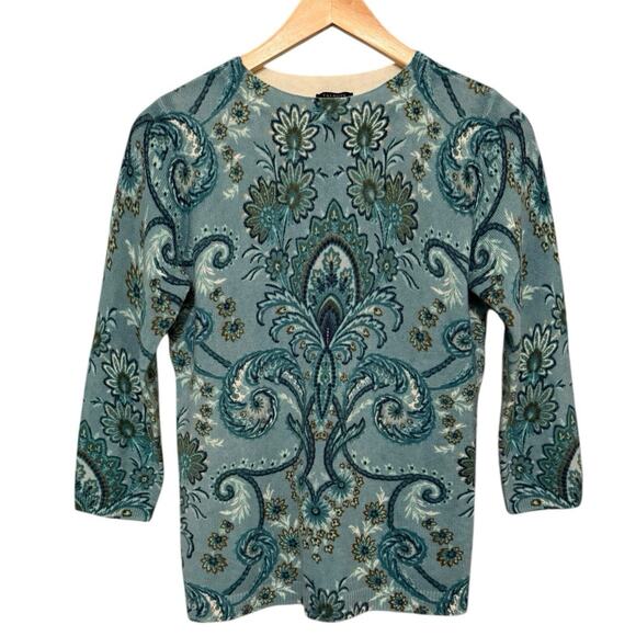 Talbots Audrey Cashmere Sweater Womens SP Blue Imperial Floral Paisley Crew Neck - Picture 1 of 6